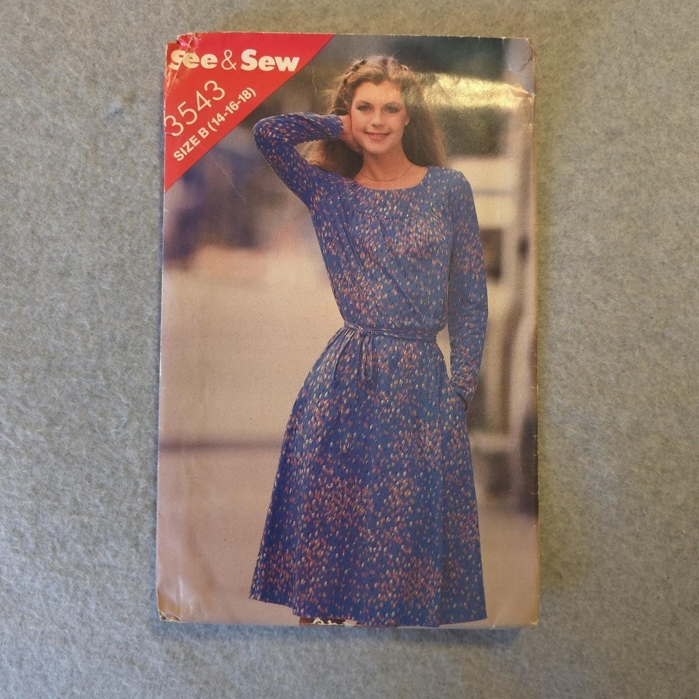 See & Sew 3543 Sewing Pattern Size 14-18 Misses Long‎ Sleeve Belted Dress Uncut
